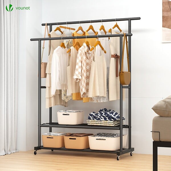 VOUNOT - Portant a Vetements double avec roulettes et 2 etageres de rangement 120x40x146cm metal Noir - large