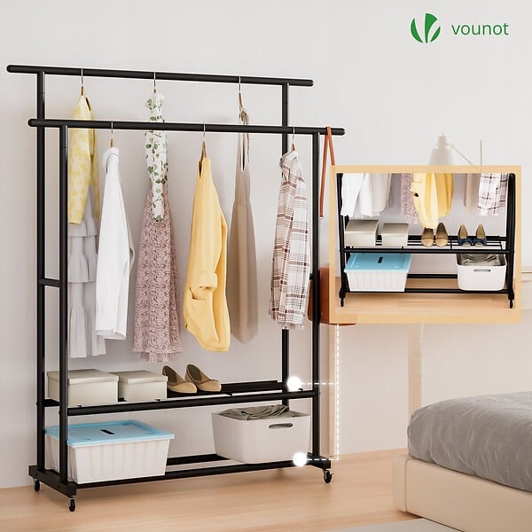 VOUNOT - Portant a Vetements double avec roulettes et 2 etageres de rangement 120x40x146cm metal Noir - large