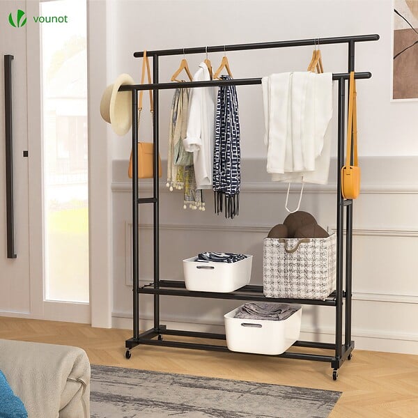VOUNOT - Portant a Vetements double avec roulettes et 2 etageres de rangement 120x40x146cm metal Noir - large