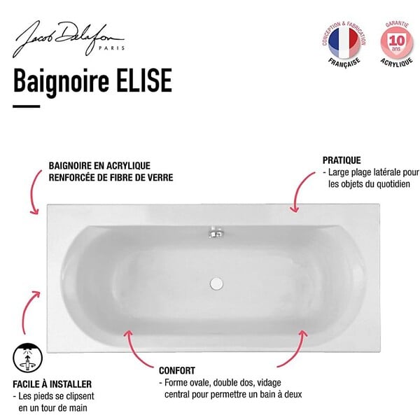 JACOB DELAFON - Pack baignoire droite 170 x 75 Elise + tablier angle + pommeau et mitigeur bain noir Aimé + pare bain noir + vidage - large