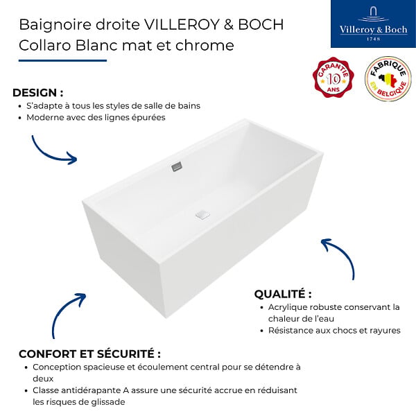 VILLEROY ET BOCH - Baignoire droite 160 X 75  Collaro acrylique stone white trop plein chrome - large