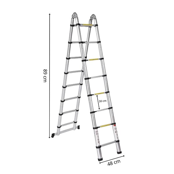 SECURY-T - Echelle/escabeau télescopique double - Aluminium 2x8 marches H5m (2,5+2,5) - large