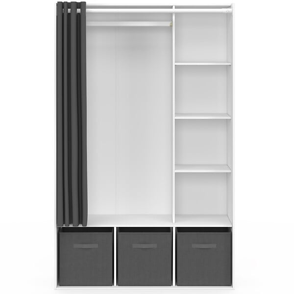 ID MARKET - Dressing penderie DIANE 105 x 45 x 167 cm blanc avec étagères + boites de rangement + rideau gris - large