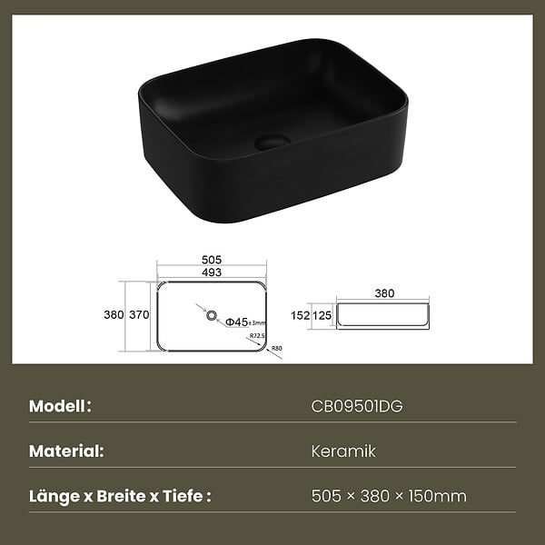 EMKE - EMKE Vasque à Poser 505 x 380 x 150 mm, Lavabo Rectangulaire en Céramique pour Salle de Bain, Coins Arrondis R, Gris Foncé Mat - large