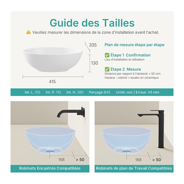 EMKE - EMKE Vasque à Poser en céramique 41,5×33,5×13cm, Lavabo salle de bain Ovale, Lavabo à poser blanc brillant - large