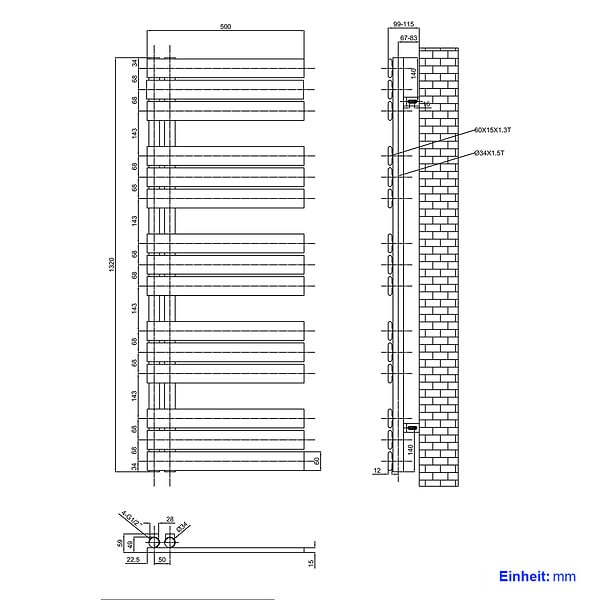 EMKE - EMKE Sèche-serviettes à Eau Chaude Panneau Plat, Sèche-serviettes connexion latérale pour, Anthracite 1320x500mm 695Watts - large