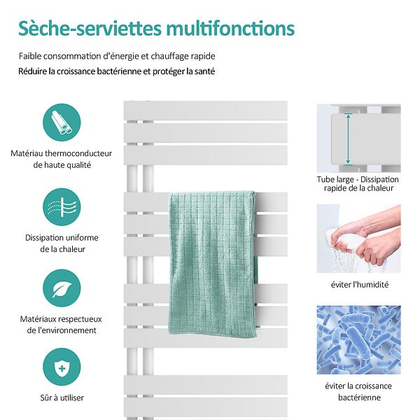 EMKE - EMKE Sèche-serviettes à Eau Chaude Panneau Plat, Sèche-serviettes connexion latérale pour, Blanc 1320x400mm 570Watts - large