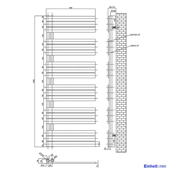EMKE - EMKE Sèche-Serviettes Chauffage Central 1660 x 600 mm 1075W – Radiateur Salle de Bain Eau Chaude, Anthracite - large
