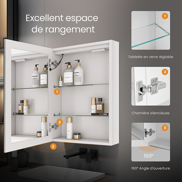 EMKE - EMKE Armoire de Toilette avec Éclairage 70x50cm Blanche Armoire Salle de Bain en Miroir, 3 Couleurs de Lumière, Anti-buée, Prise de Courant - large