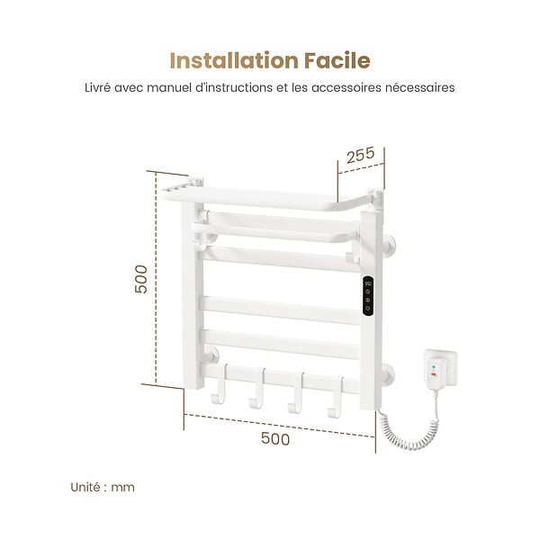 EMKE - EMKE Chauffe-serviettes Électrique 50×50cm, Thermostat Intelligent WiFi, Radiateur de Salle de Bain Électrique, Chauffe-serviettes Électrique, Blanc - large