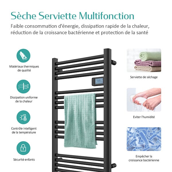 EMKE - EMKE Sèche-serviette électrique Aluminium Commande tactile Température réglable - 960 x 540 mm Noir 500W - large