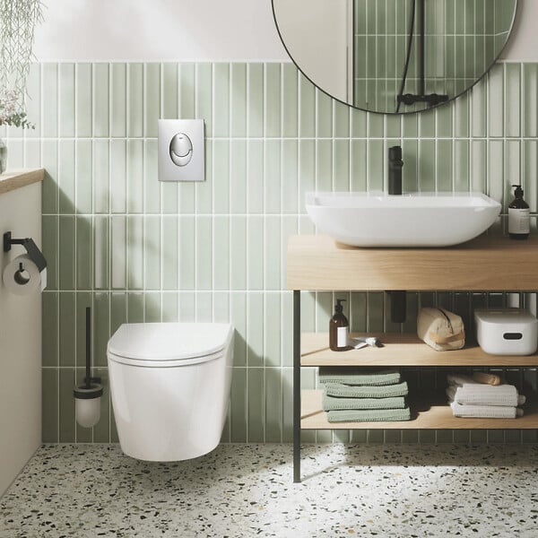 GROHE - Pack WC suspendu sans bride Start Round Ceramic  + abattant frein de chute + Bâti-support mur + Plaque chromé - large