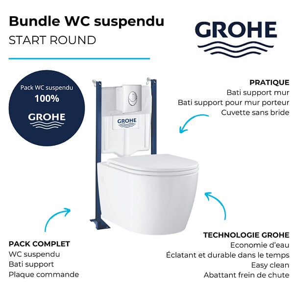 GROHE - Pack WC suspendu sans bride Start Round Ceramic  + abattant frein de chute + Bâti-support mur + Plaque chromé - large