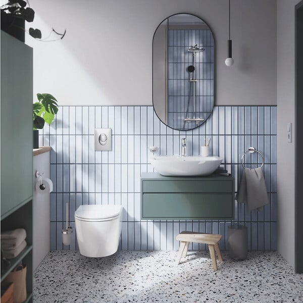 GROHE - Pack WC suspendu sans bride Start Round Ceramic  + abattant frein de chute + Bâti-support mur + Plaque chromé - large