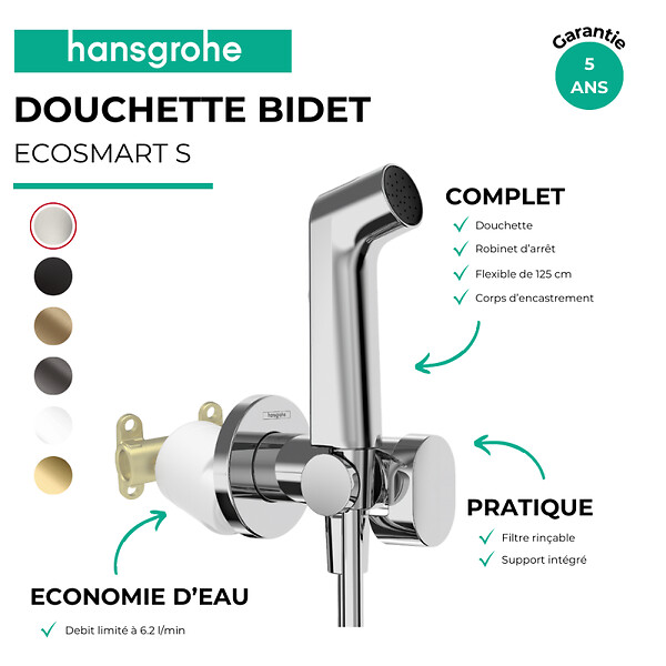 HANSGROHE - Douchette bidette EcoSmart S avec robinet d'arret et corps d'encastrement Chromé - large
