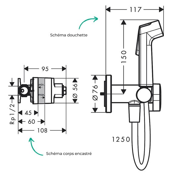 HANSGROHE - Douchette bidette EcoSmart S avec robinet d'arret et corps d'encastrement Chromé - large