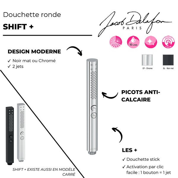 JACOB DELAFON - Pommeau de douche Shift+ rond 2 jets chromé + flexible 175 cm métal - large