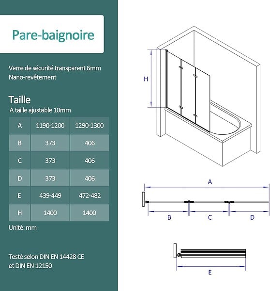 EMKE - EMKE Pare-baignoire paroi de douche pour baignoire noir mat 3 parties pliable 120x140cm pare-baignoire 6mm NANO GLASS - large