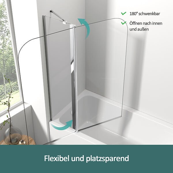 EMKE - EMKE Pare-Baignoire 100 x 140 cm – Paroi de Douche Pliable en Verre Trempé 6 mm avec Revêtement Nano, Pivotante 180°, Profilé Chromé - large