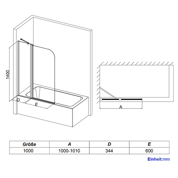 EMKE - EMKE Pare-Baignoire 100 x 140 cm – Paroi de Douche Pliable en Verre Trempé 6 mm avec Revêtement Nano, Pivotante 180°, Profilé Chromé - large