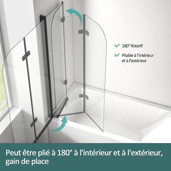 EMKE - EMKE Pare-Baignoire 100 x 140 cm Noir Mat – Paroi de Baignoire Pliable 2 Volets, Verre Trempé 6 mm avec Revêtement Nano - large