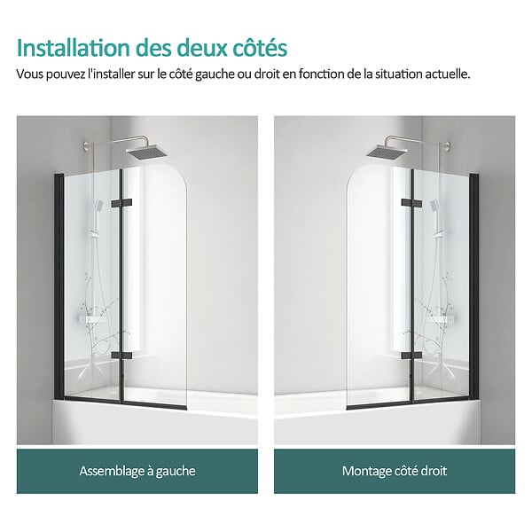 EMKE - EMKE Pare-Baignoire 100 x 140 cm Noir Mat – Paroi de Baignoire Pliable 2 Volets, Verre Trempé 6 mm avec Revêtement Nano - large