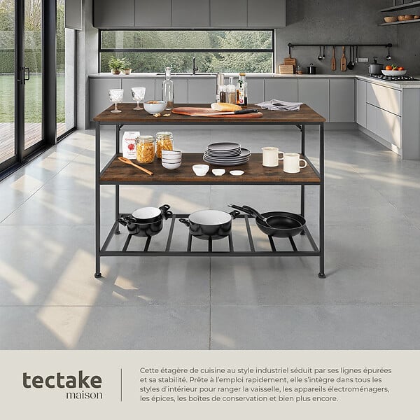 TECTAKE - Étagère de cuisine Akeley Bois foncé industriel, rustique - large
