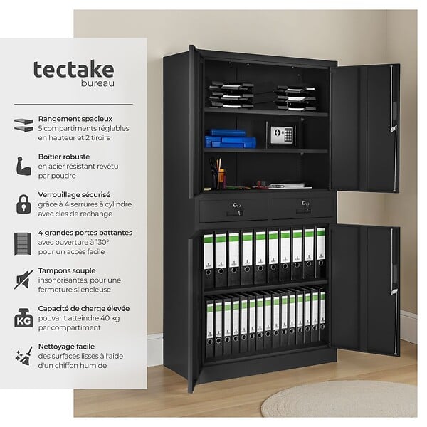 TECTAKE - Armoire métallique de classement Cosmo avec 2 tiroirs 40 x 80 x 180 cm noir/noir - large