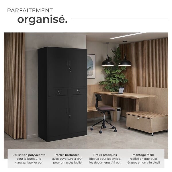 TECTAKE - Armoire métallique de classement Cosmo avec 2 tiroirs 40 x 80 x 180 cm noir/noir - large