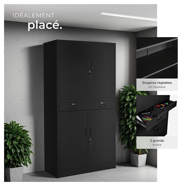 TECTAKE - Armoire métallique de classement Cosmo avec 2 tiroirs 40 x 80 x 180 cm noir/noir - large