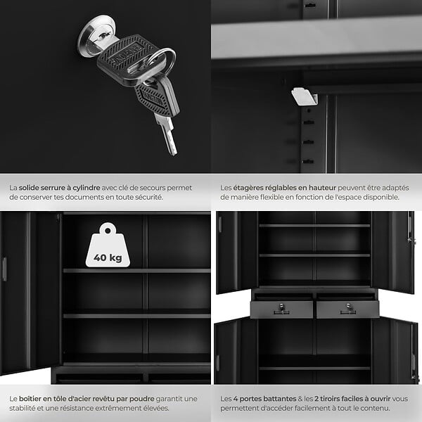 TECTAKE - Armoire métallique de classement Cosmo avec 2 tiroirs 40 x 80 x 180 cm noir/noir - large