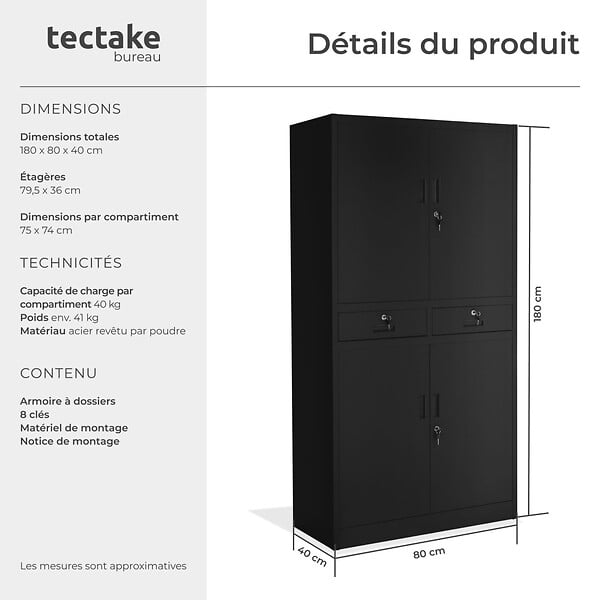 TECTAKE - Armoire métallique de classement Cosmo avec 2 tiroirs 40 x 80 x 180 cm noir/noir - large
