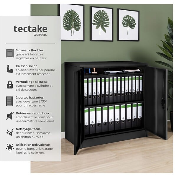 TECTAKE - Armoire métallique à dossiers 3 étagères 90x40x90cm noir - large