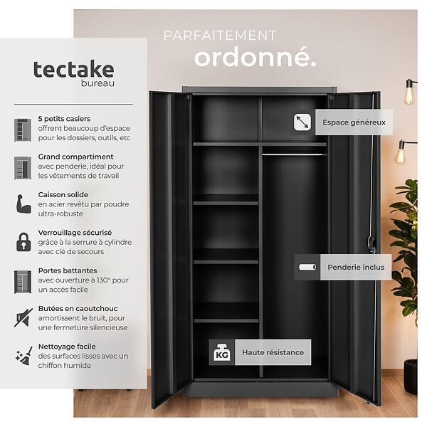 TECTAKE - Vestiaire métallique comprenant 6 casiers et 1 penderie intégrée noir - large
