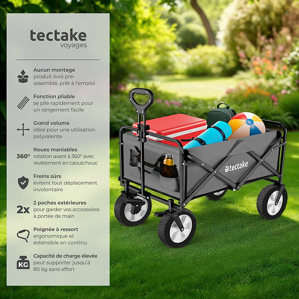 TECTAKE - Chariot pliable LEON avec freins, capacité de charge 80kg gris - large