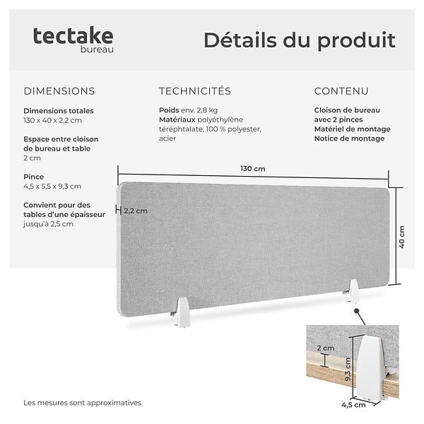 TECTAKE - Cloison de bureau Noisy avec coins arrondis gris - large