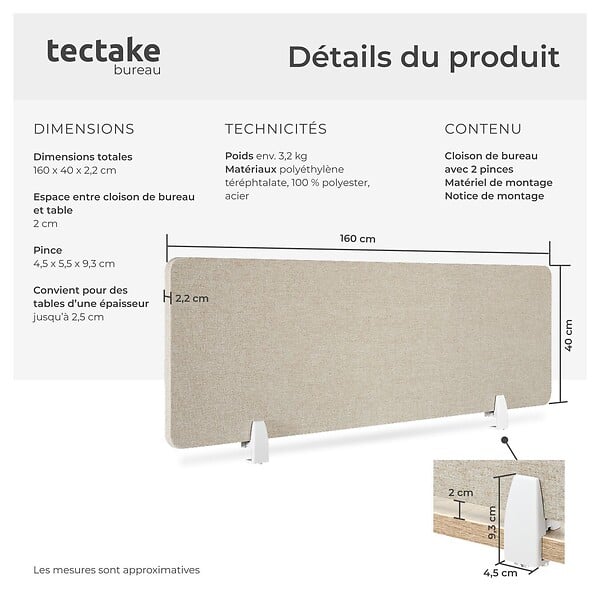 TECTAKE - Cloison de bureau Noisy avec coins arrondis beige - large