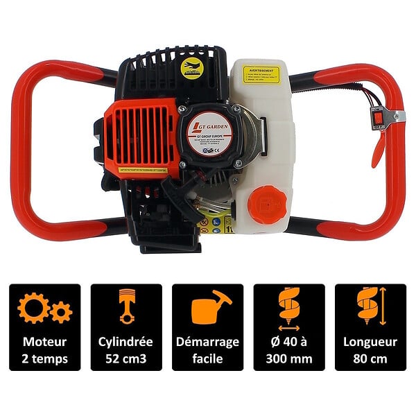GT GARDEN - Tarière thermique 52 cm3, 3 CV + mèche 60 mm - large