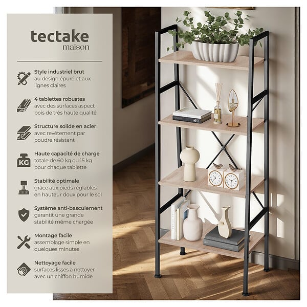 TECTAKE - Etagère échelle NEWCASTLE style industriel 57,5 x 35,5 x 139 cm Bois clair industriel, Chêne Sonoma - large