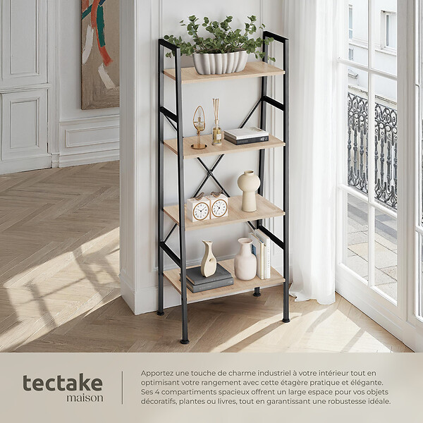 TECTAKE - Etagère échelle NEWCASTLE style industriel 57,5 x 35,5 x 139 cm Bois clair industriel, Chêne Sonoma - large