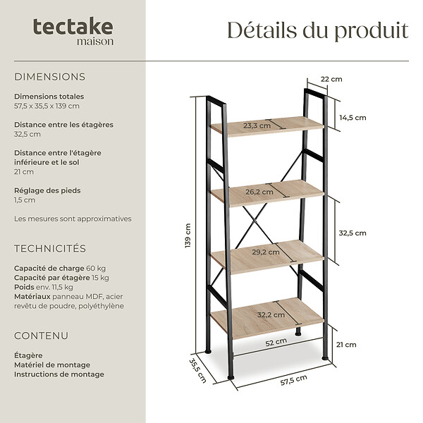 TECTAKE - Etagère échelle NEWCASTLE style industriel 57,5 x 35,5 x 139 cm Bois clair industriel, Chêne Sonoma - large