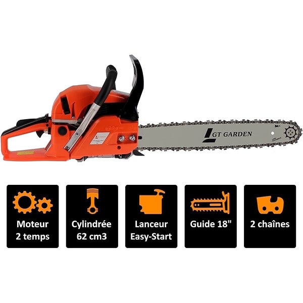 GT GARDEN - Tronçonneuse thermique 62 cm3, 3.5 CV, guide 45 cm, 2 chaînes - large