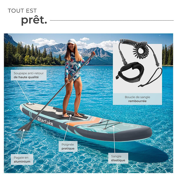 TECTAKE - Planche de stand up paddle gonflable 2 en 1 kit complet turquoise orange 288 x 77 x 22,5 cm polyvalente - large