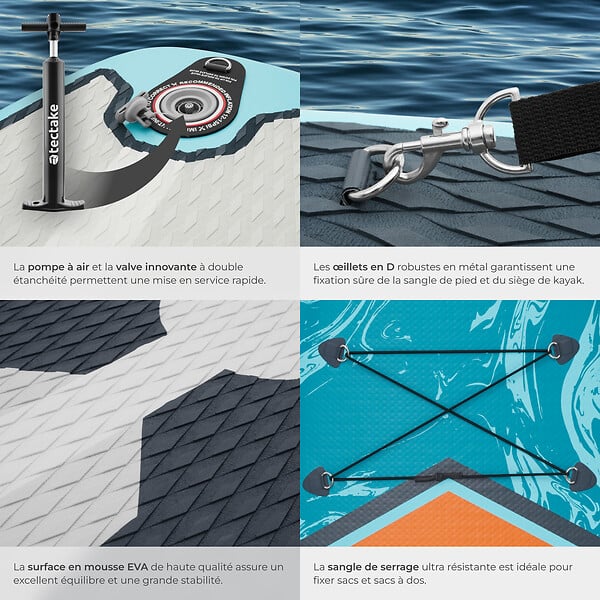 TECTAKE - Planche de stand up paddle gonflable 2 en 1 kit complet turquoise orange 288 x 77 x 22,5 cm polyvalente - large