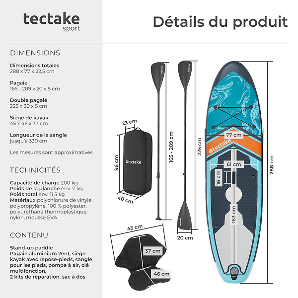 TECTAKE - Planche de stand up paddle gonflable 2 en 1 kit complet turquoise orange 288 x 77 x 22,5 cm polyvalente - large