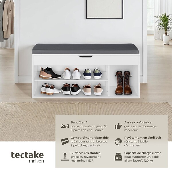 TECTAKE - Banc à chaussures NATALYA avec coussin d'assise 104x30x49cm blanc - large