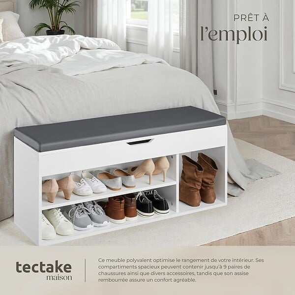 TECTAKE - Banc à chaussures NATALYA avec coussin d'assise 104x30x49cm blanc - large