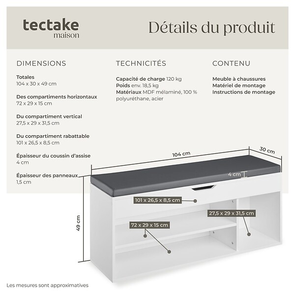TECTAKE - Banc à chaussures NATALYA avec coussin d'assise 104x30x49cm blanc - large