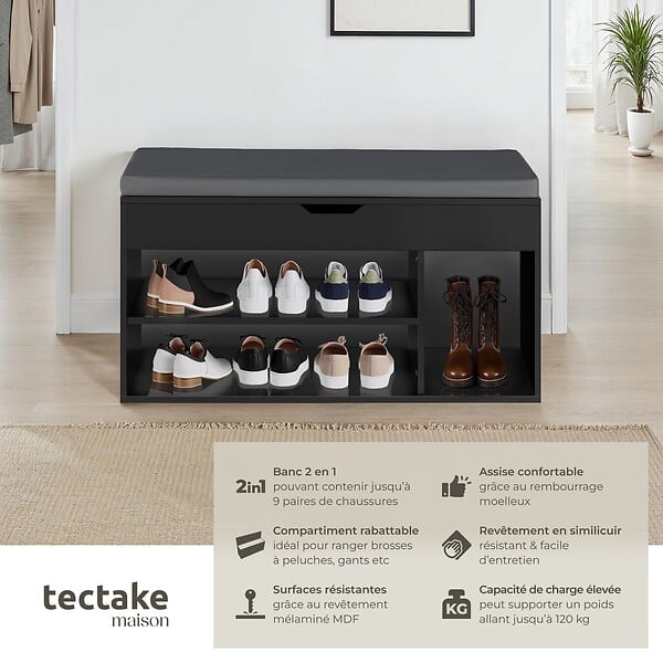 TECTAKE - Banc à chaussures NATALYA avec coussin d'assise 104x30x49cm noir - large