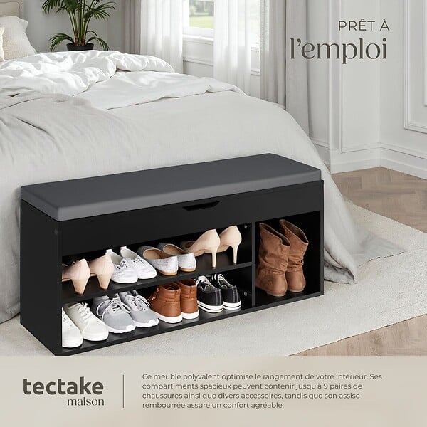TECTAKE - Banc à chaussures NATALYA avec coussin d'assise 104x30x49cm noir - large